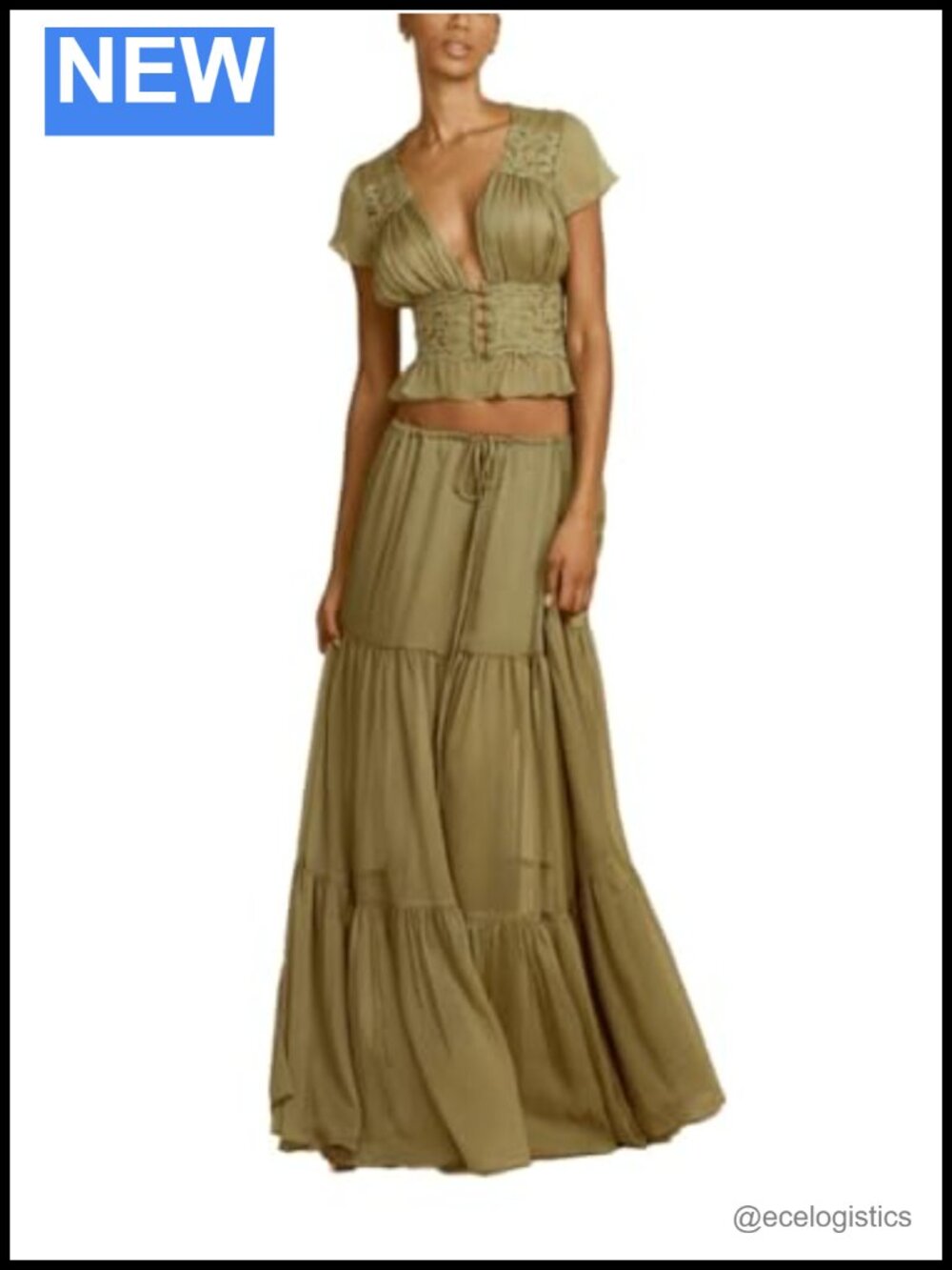 2 Piece Skirt Sets for Women Boho Lace Trim Crop Top Tiered Ruffle Maxi Skirt